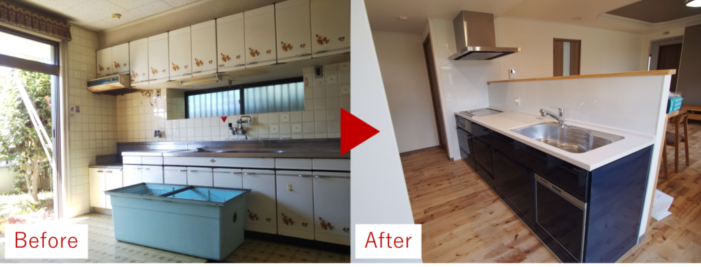 キッチン壁付けを対面式へ変更