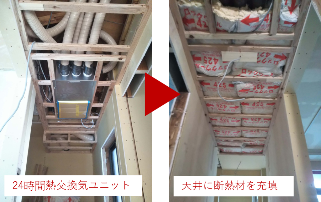 24時間熱交換気ユニットに、天井の断熱材を充填