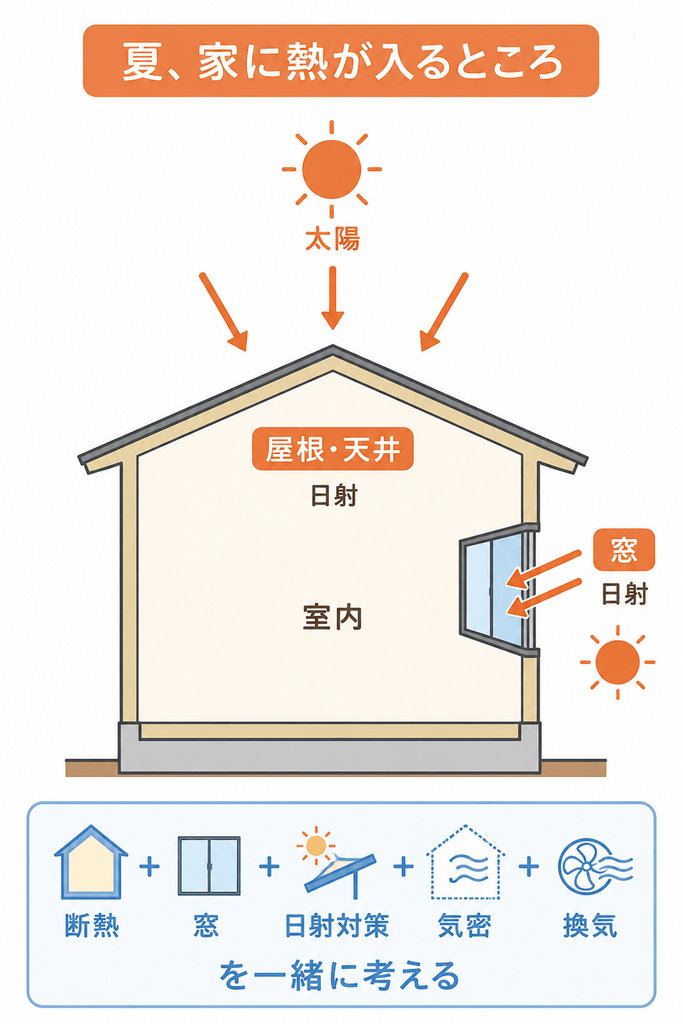 夏、家に熱が入るところ。「断熱＋窓＋日射対策＋気密＋換気を一緒に考える」