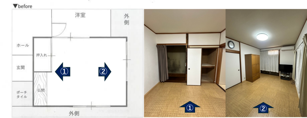 大津市N様邸のリフォーム前の間取りと仏間・床の間・収納、居室の写真