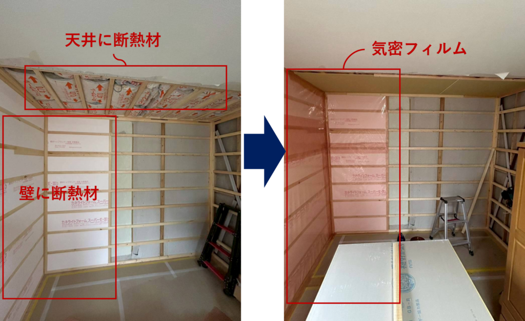 大津市N様邸の壁と天井に断熱材を施工し、気密フィルムを貼っている工事写真