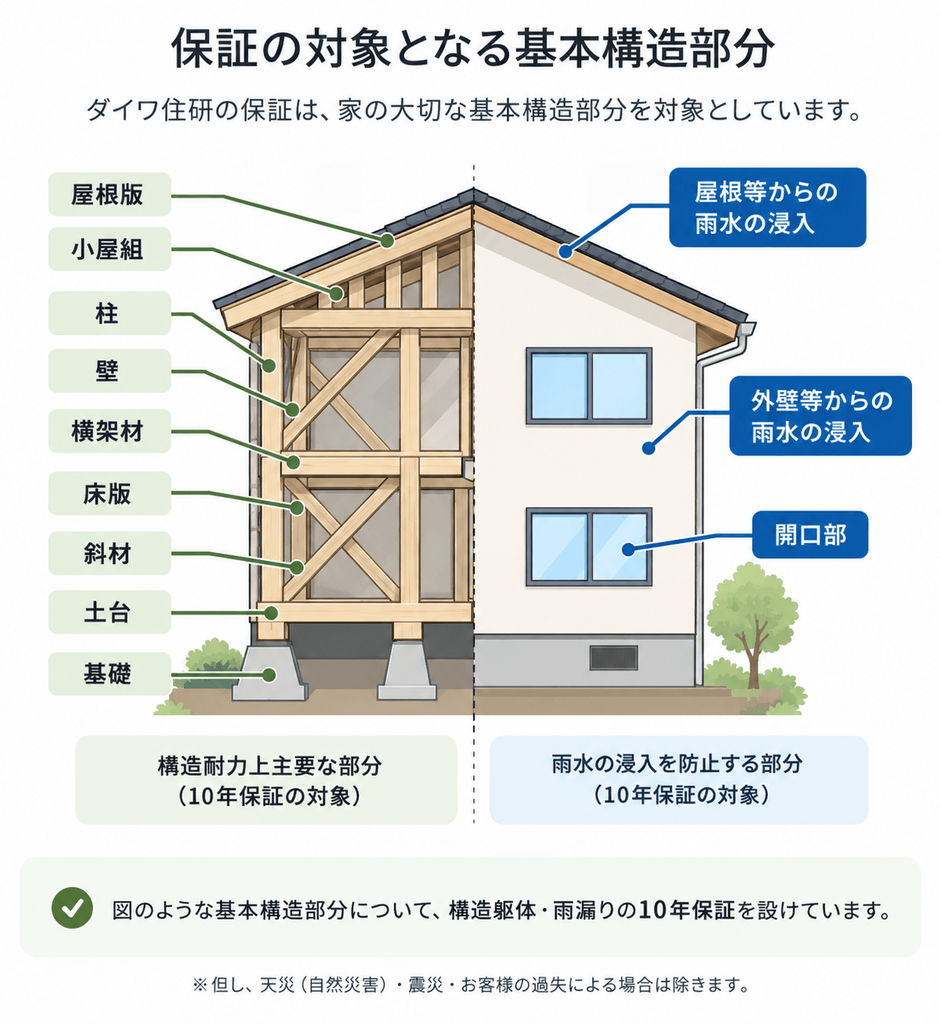 構造躯体と雨水の浸入を防ぐ部分の10年保証対象を示した図